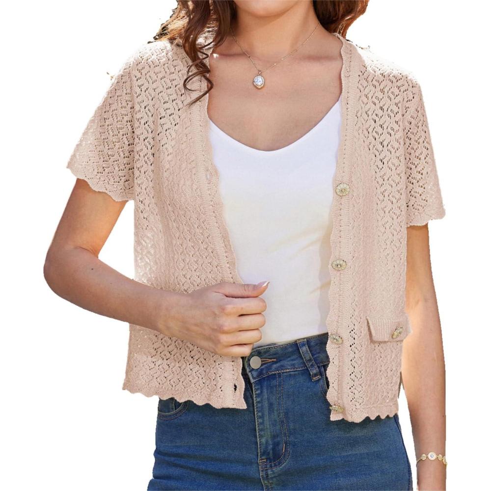imageWomens 2026 Cropped Cardigan Short Sleeve Lightweight Crochet Shrug HollowedOut Knit Sweater TopsApricot
