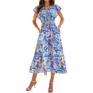 GRACE KARIN 2026 Summer Wedding Guest Dresses for Women Ruffle Sleeve Boho Midi Dress Smocked Flowy Floral Dress with Pocket(Blue Orange)