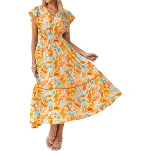 GRACE KARIN 2026 Summer Wedding Guest Dresses for Women Ruffle Sleeve Boho Midi Dress Smocked Flowy Floral Dress with Pocket(Orange Blue)