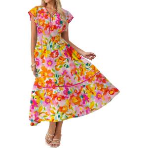 GRACE KARIN 2026 Summer Wedding Guest Dresses for Women Ruffle Sleeve Boho Midi Dress Smocked Flowy Floral Dress with Pocket(Pink Orange)