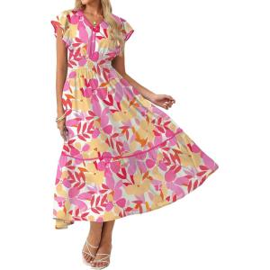 GRACE KARIN 2026 Summer Wedding Guest Dresses for Women Ruffle Sleeve Boho Midi Dress Smocked Flowy Floral Dress with Pocket(Pink Yellow)