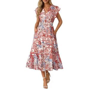 GRACE KARIN 2026 Summer Wedding Guest Dresses for Women Ruffle Sleeve Boho Midi Dress Smocked Flowy Floral Dress with Pocket(Red Blue)