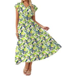 GRACE KARIN 2026 Summer Wedding Guest Dresses for Women Ruffle Sleeve Boho Midi Dress Smocked Flowy Floral Dress with Pocket(White Green)