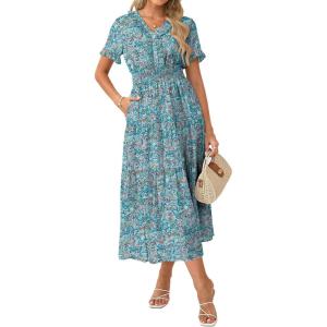 GRACE KARIN 2026 Women’s Short Sleeve V-Neck Ruffle Maxi A Line Dresses with Pockets(Blue Green Floral)