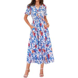 GRACE KARIN 2026 Women’s Short Sleeve V-Neck Ruffle Maxi A Line Dresses with Pockets(Blue White Floral)