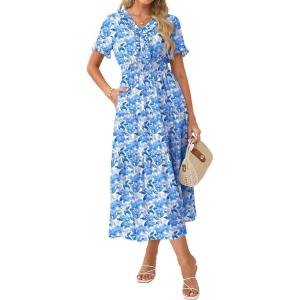 GRACE KARIN 2026 Women’s Short Sleeve V-Neck Ruffle Maxi A Line Dresses with Pockets(White Blue Floral)
