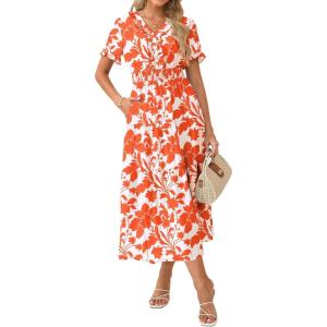 GRACE KARIN 2026 Women’s Short Sleeve V-Neck Ruffle Maxi A Line Dresses with Pockets(White Orange Floral)