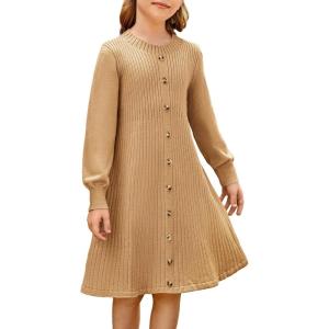 GRACE KARIN Girls Fall Sweater Dresses, Girl Long Sleeve Winter Dress, Kids Knit Casual Formal Dresses Size 6-14(Light Khaki)