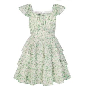 GRACE KARIN Girls Spring Summer Floral Dress Teen Ruffle Smocked 3 Layerr Dresses Kids Cute Boho Easter Clothes Size 7-14(Green Floral)
