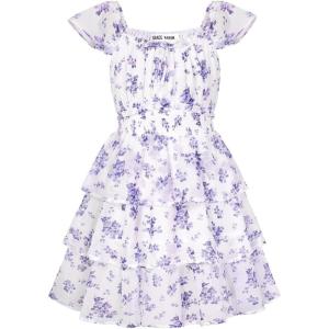 GRACE KARIN Girls Spring Summer Floral Dress Teen Ruffle Smocked 3 Layerr Dresses Kids Cute Boho Easter Clothes Size 7-14(White Purple Floral)