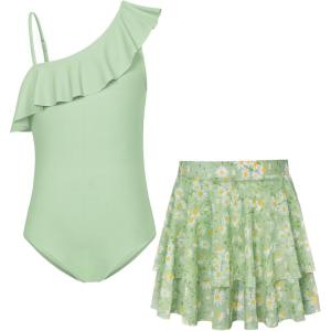 GRACE KARIN Girls Swimsuit with Skirt One Piece Bathing Suit Swimwear 6-14Y(Green)