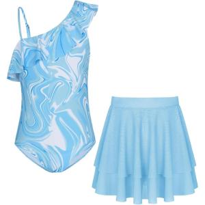 GRACE KARIN Girls Swimsuit with Skirt One Piece Bathing Suit Swimwear 6-14Y(Light Blue Fluid)