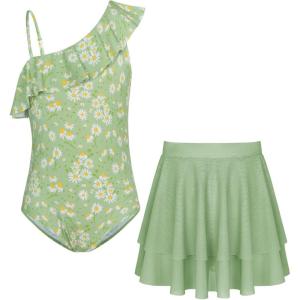 GRACE KARIN Girls Swimsuit with Skirt One Piece Bathing Suit Swimwear 6-14Y(Light Green Daisy)