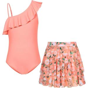 GRACE KARIN Girls Swimsuit with Skirt One Piece Bathing Suit Swimwear 6-14Y(Orange Pink Daisy)