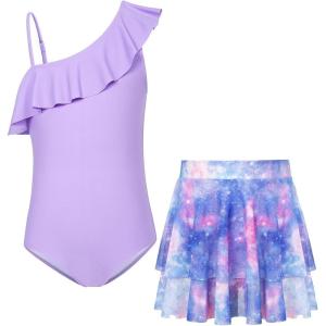 GRACE KARIN Girls Swimsuit with Skirt One Piece Bathing Suit Swimwear 6-14Y(Purple)