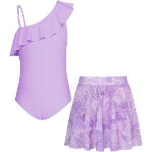 GRACE KARIN Girls Swimsuit with Skirt One Piece Bathing Suit Swimwear 6-14Y(Purple Tulip)