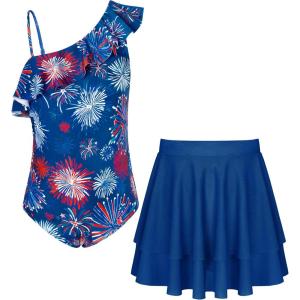 GRACE KARIN Girls Swimsuit with Skirt One Piece Bathing Suit Swimwear 6-14Y(Red and Blue Fireworks)