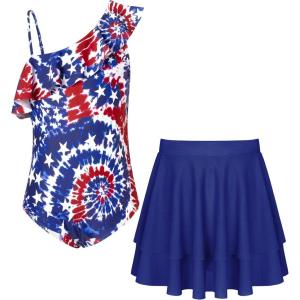 GRACE KARIN Girls Swimsuit with Skirt One Piece Bathing Suit Swimwear 6-14Y(Red and Blue Tie-dye)