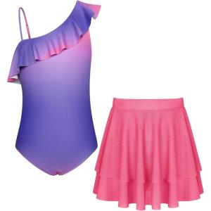 GRACE KARIN Girls Swimsuit with Skirt One Piece Bathing Suit Swimwear 6-14Y(Rose Purple Gradient)
