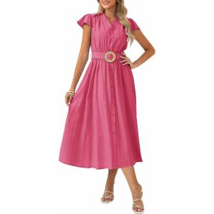 GRACE KARIN Women’s Short Sleeve V Neck Dress,Casual Summer Dress,Flowy A Line Maxi Dresses(Red)