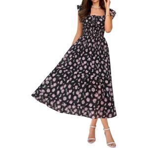 GRACE KARIN Women’s Summer Floral Midi Dress,Square Neck Wedding Guest Party Dresses,Ruffle Sleeve Smocked Vacation Outfit(Black)