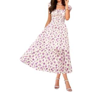 GRACE KARIN Women’s Summer Floral Midi Dress,Square Neck Wedding Guest Party Dresses,Ruffle Sleeve Smocked Vacation Outfit(Purple Floral)