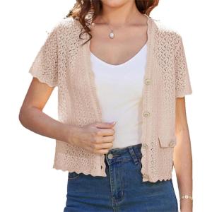 Women’s 2026 Cropped Cardigan Short Sleeve Lightweight Crochet Shrug Hollowed-Out Knit Sweater Tops(Apricot)