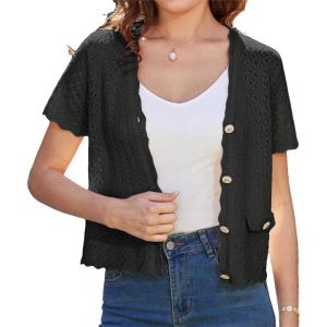 Women’s 2026 Cropped Cardigan Short Sleeve Lightweight Crochet Shrug Hollowed-Out Knit Sweater Tops(Black)