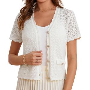 Women’s 2026 Cropped Cardigan Short Sleeve Lightweight Crochet Shrug Hollowed-Out Knit Sweater Tops(White)