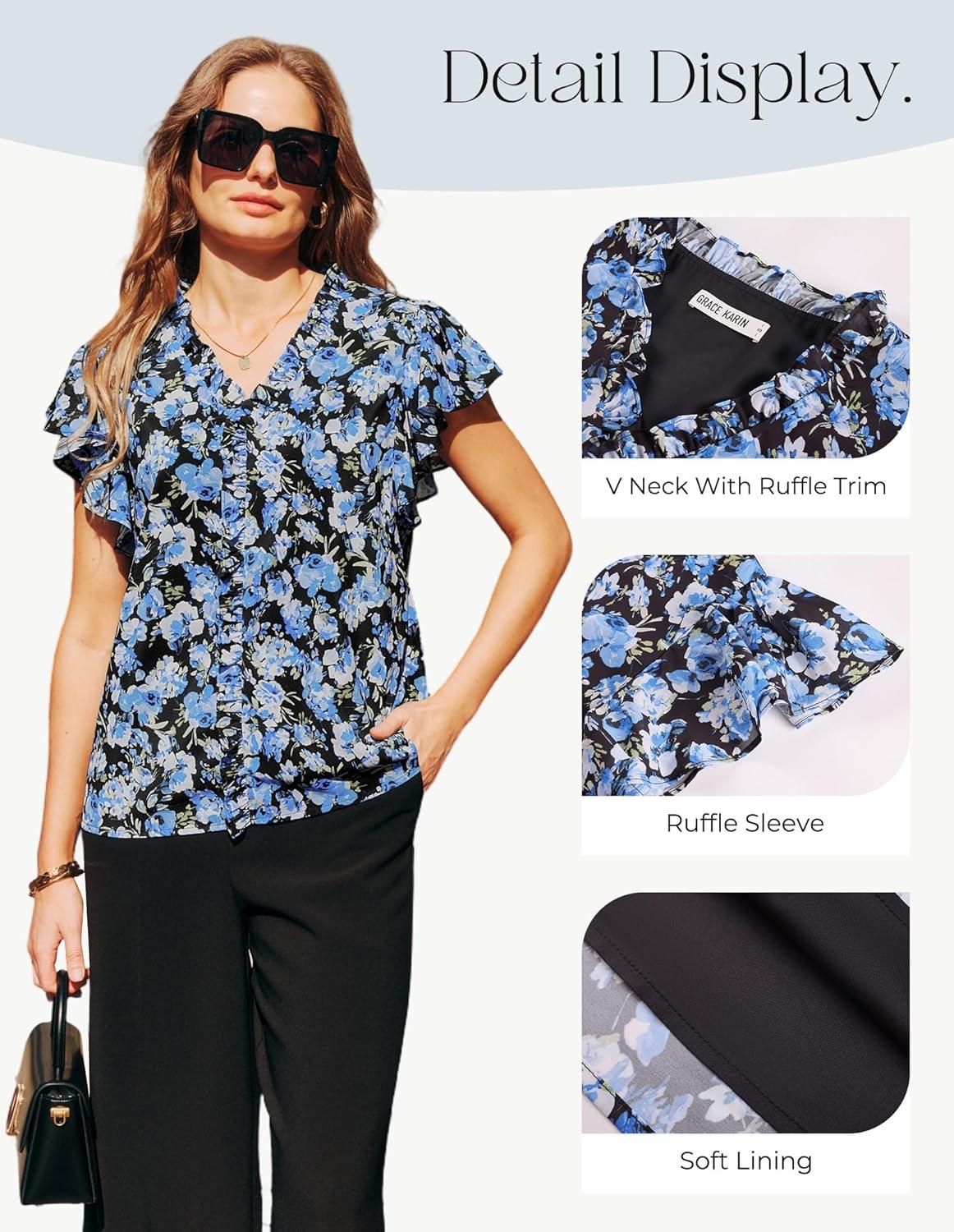 imageGRACE KARIN 2026 Boho Tops for Women Dressy CasualRuffle Sleeve Chiffon Blouses Work ShirtsV Neck Summer Fashion ClothesBlue Black