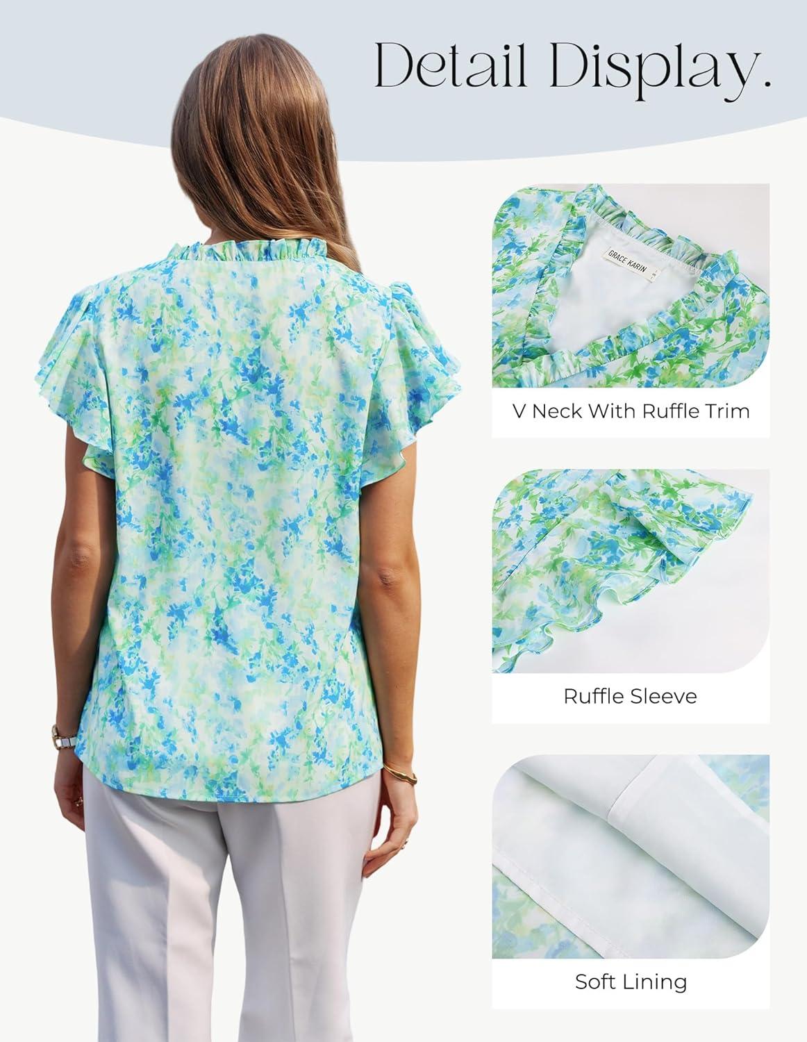 imageGRACE KARIN 2026 Boho Tops for Women Dressy CasualRuffle Sleeve Chiffon Blouses Work ShirtsV Neck Summer Fashion ClothesGreen