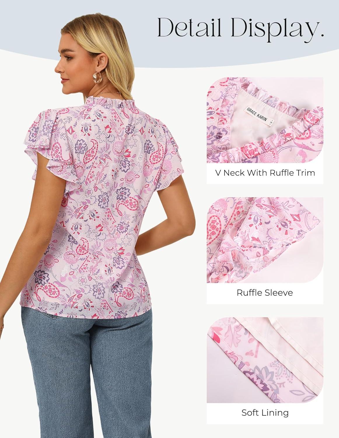 imageGRACE KARIN 2026 Boho Tops for Women Dressy CasualRuffle Sleeve Chiffon Blouses Work ShirtsV Neck Summer Fashion ClothesPink