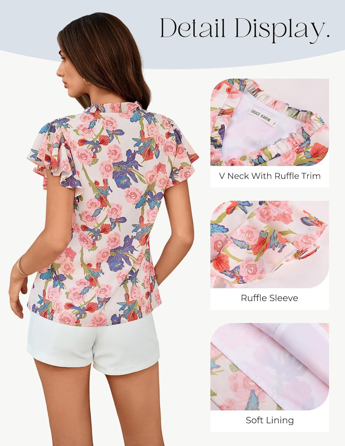 imageGRACE KARIN 2026 Boho Tops for Women Dressy CasualRuffle Sleeve Chiffon Blouses Work ShirtsV Neck Summer Fashion ClothesWhite Pink