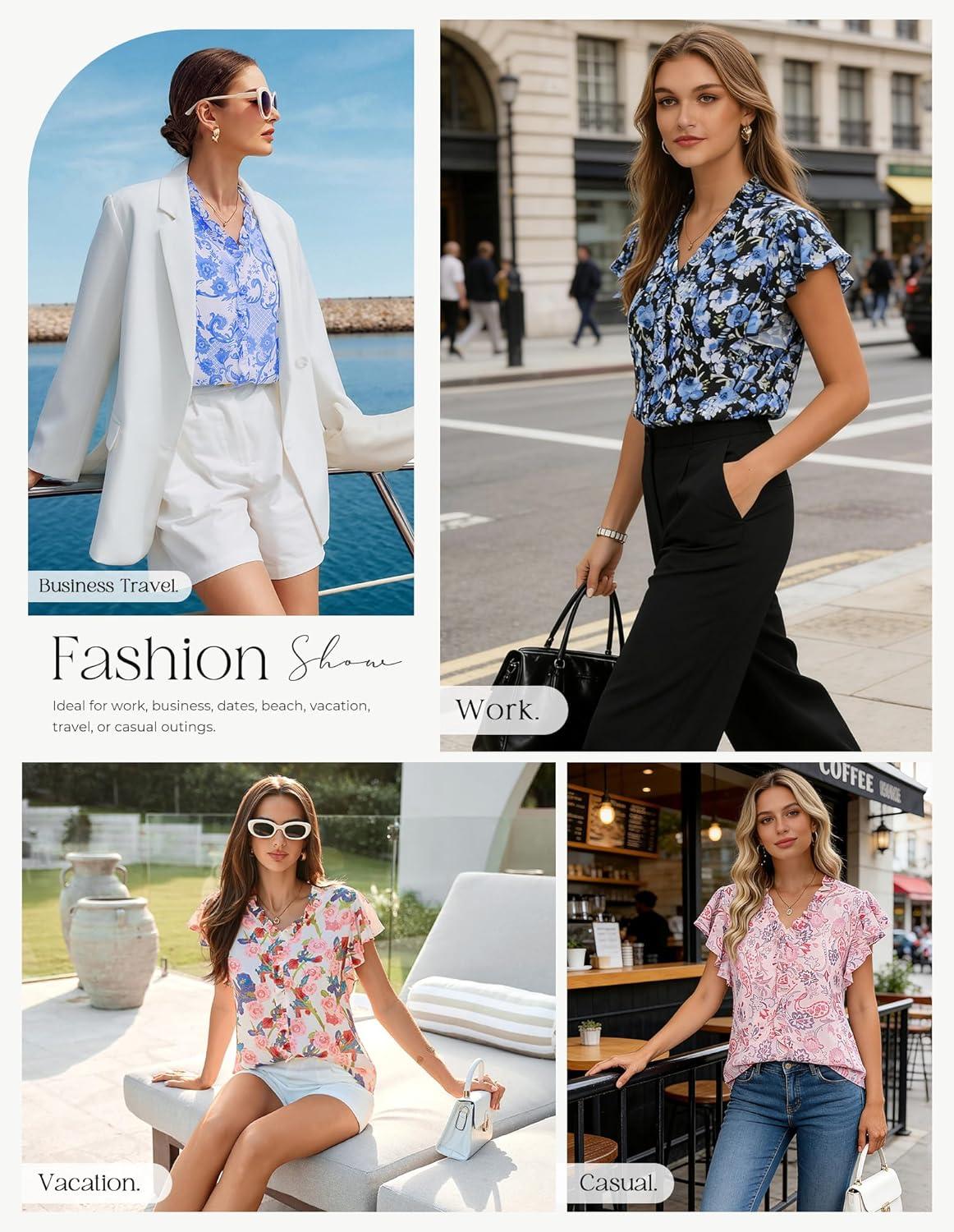 imageGRACE KARIN 2026 Boho Tops for Women Dressy CasualRuffle Sleeve Chiffon Blouses Work ShirtsV Neck Summer Fashion ClothesWhite Pink