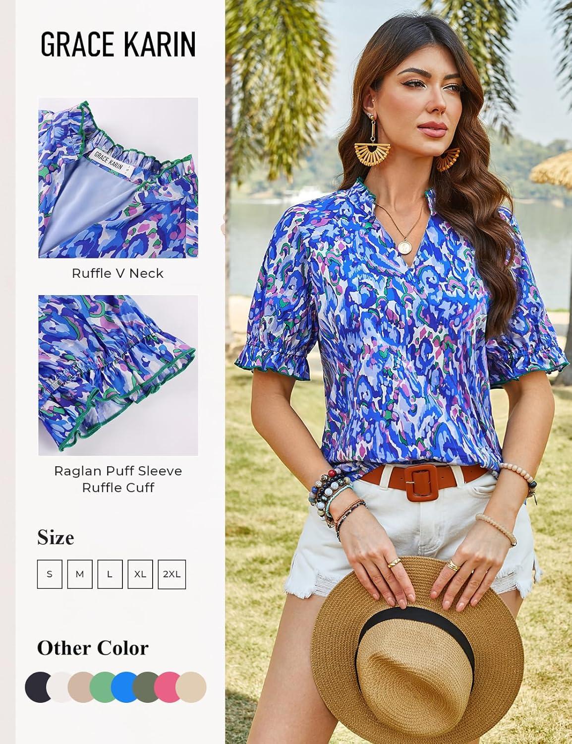 imageGRACE KARIN Womens Boho Summer TopsV Neck Short Sleeve Blouses CasualFloral Print Cotton Shirts Beach Vacation Clothes 2026Blue Wave Floral