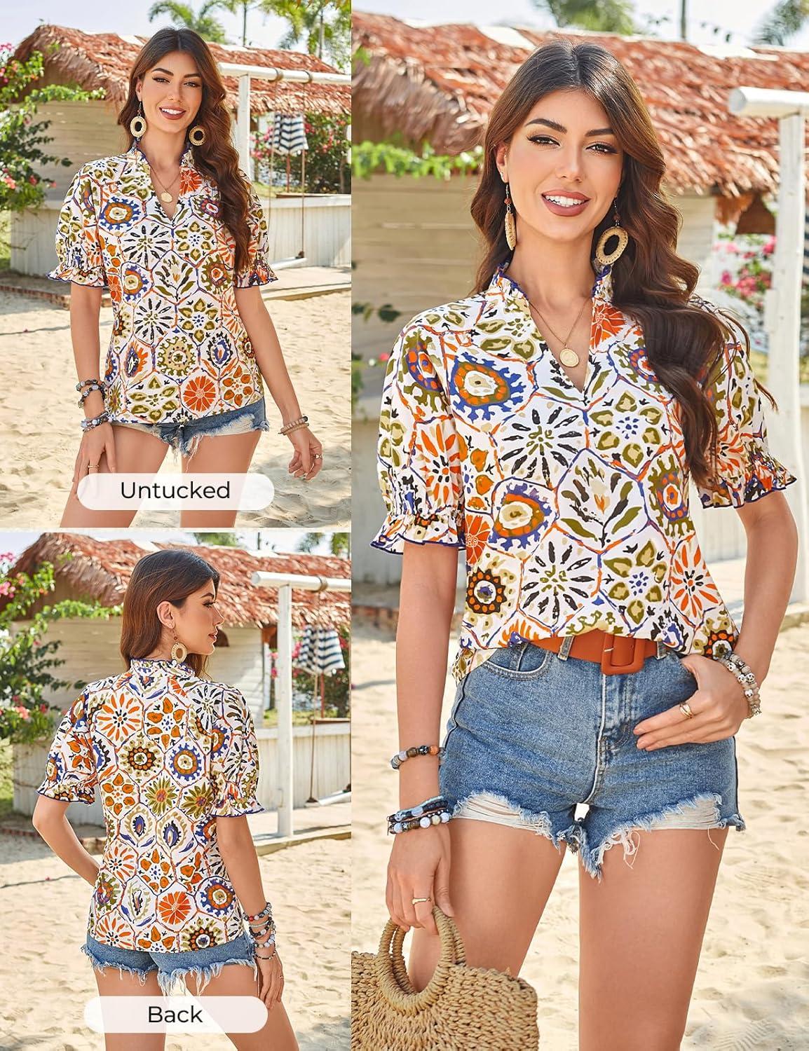 imageGRACE KARIN Womens Boho Summer TopsV Neck Short Sleeve Blouses CasualFloral Print Cotton Shirts Beach Vacation Clothes 2026White Orange Hexagonal Floral