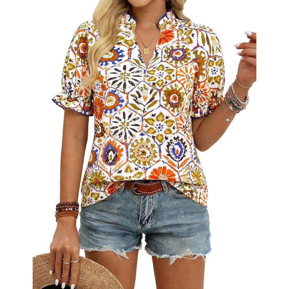 imageGRACE KARIN Womens Boho Summer TopsV Neck Short Sleeve Blouses CasualFloral Print Cotton Shirts Beach Vacation Clothes 2026White Orange Hexagonal Floral
