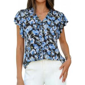 GRACE KARIN 2026 Boho Tops for Women Dressy Casual,Ruffle Sleeve Chiffon Blouses Work Shirts,V Neck Summer Fashion Clothes(Blue Black)
