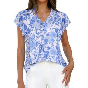 GRACE KARIN 2026 Boho Tops for Women Dressy Casual,Ruffle Sleeve Chiffon Blouses Work Shirts,V Neck Summer Fashion Clothes(Blue White)