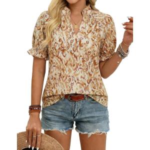 GRACE KARIN Womens Boho Summer Tops,V Neck Short Sleeve Blouses Casual,Floral Print Cotton Shirts Beach Vacation Clothes 2026(Khaki Wave Floral)