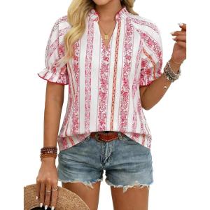 GRACE KARIN Womens Boho Summer Tops,V Neck Short Sleeve Blouses Casual,Floral Print Cotton Shirts Beach Vacation Clothes 2026(Pink White Striped Floral)
