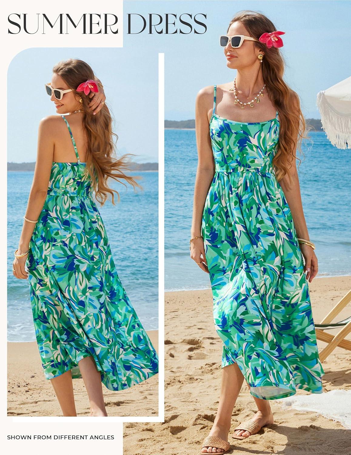 imageGRACE KARIN Summer Wedding Guest Dresses for Women 2026 Spaghetti Strap Beach Boho Maxi DressFlowy Floral Dress with PocketBlue Green