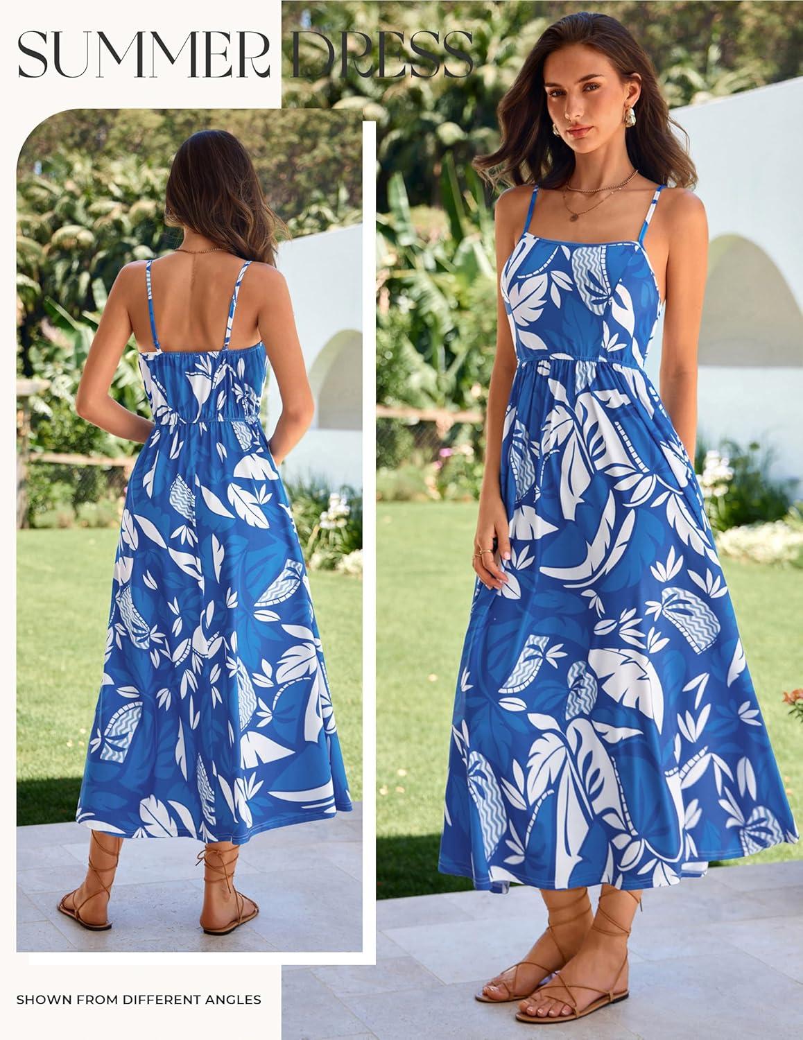 imageGRACE KARIN Summer Wedding Guest Dresses for Women 2026 Spaghetti Strap Beach Boho Maxi DressFlowy Floral Dress with PocketBlue White