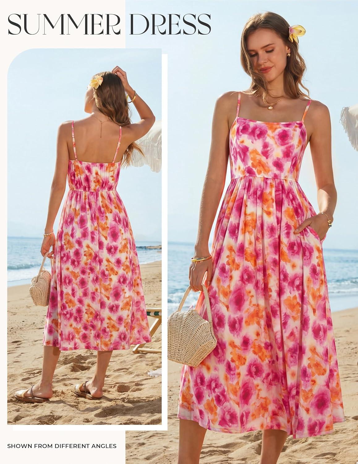 imageGRACE KARIN Summer Wedding Guest Dresses for Women 2026 Spaghetti Strap Beach Boho Maxi DressFlowy Floral Dress with PocketOrange Pink