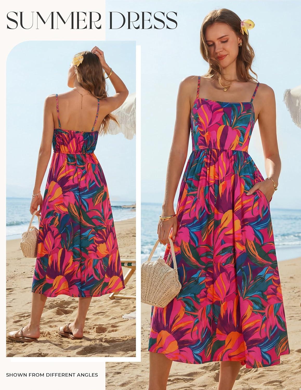 imageGRACE KARIN Summer Wedding Guest Dresses for Women 2026 Spaghetti Strap Beach Boho Maxi DressFlowy Floral Dress with PocketRose Blue Green