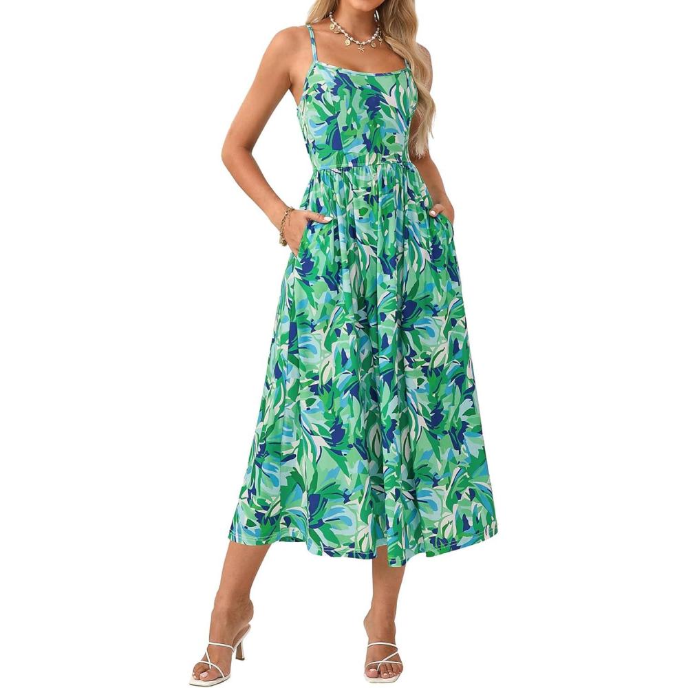 imageGRACE KARIN Summer Wedding Guest Dresses for Women 2026 Spaghetti Strap Beach Boho Maxi DressFlowy Floral Dress with PocketBlue Green