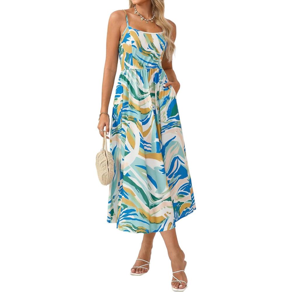 imageGRACE KARIN Summer Wedding Guest Dresses for Women 2026 Spaghetti Strap Beach Boho Maxi DressFlowy Floral Dress with PocketBlue Orange Green