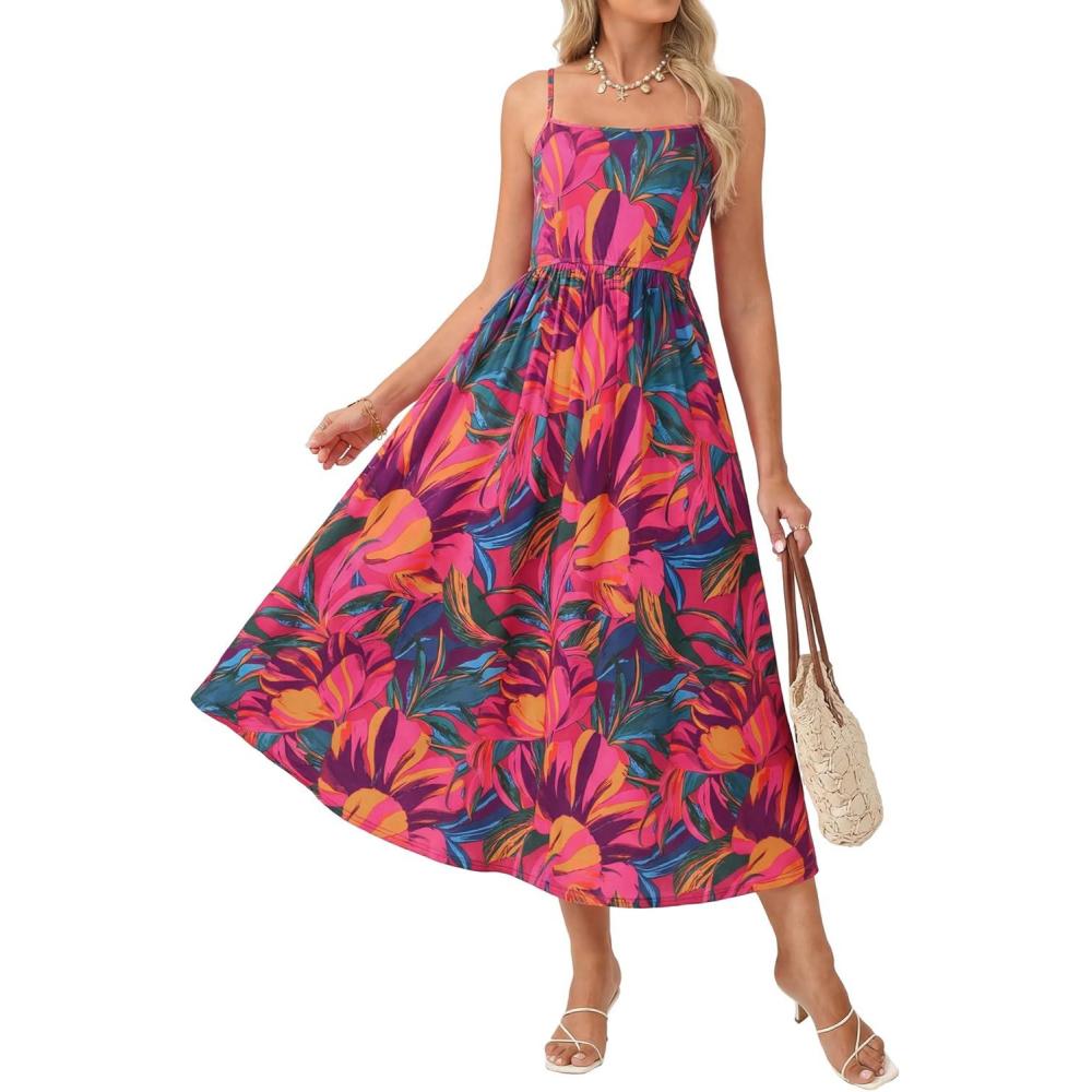 imageGRACE KARIN Summer Wedding Guest Dresses for Women 2026 Spaghetti Strap Beach Boho Maxi DressFlowy Floral Dress with PocketRose Blue Green