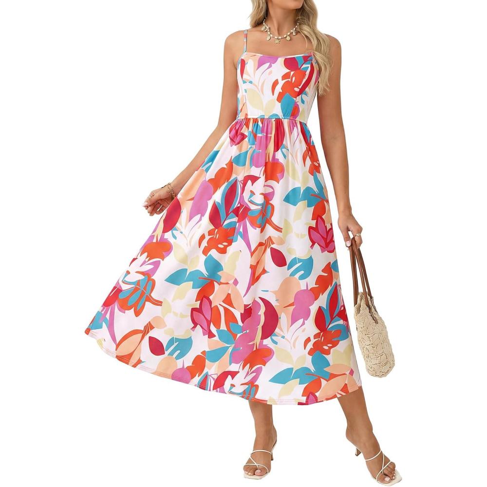imageGRACE KARIN Summer Wedding Guest Dresses for Women 2026 Spaghetti Strap Beach Boho Maxi DressFlowy Floral Dress with PocketWhite Pink Orange