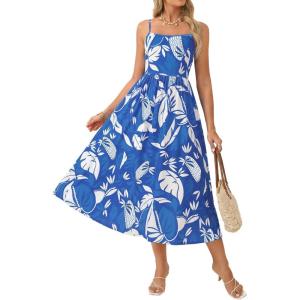 GRACE KARIN Summer Wedding Guest Dresses for Women 2026, Spaghetti Strap Beach Boho Maxi Dress,Flowy Floral Dress with Pocket(Blue White)